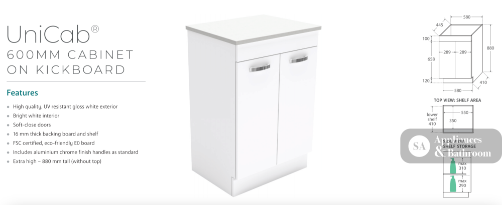 Fienza VAN60NKW Vanessa Unicab 600 Vanity on Kickboard Gloss White - Vanity Units