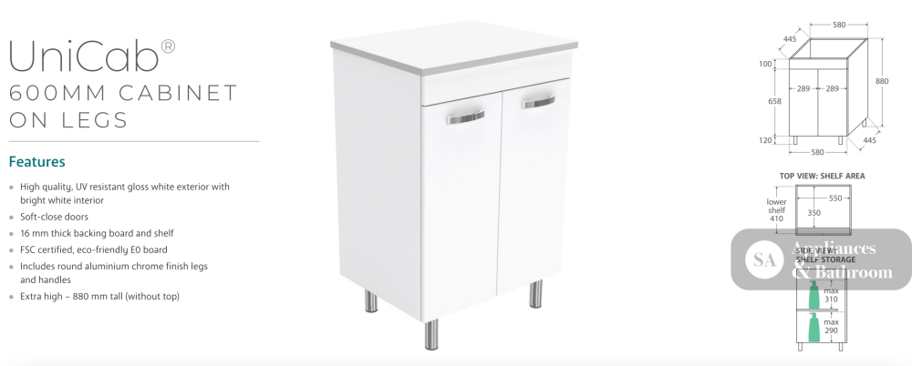 Fienza VAN60NLW Vanessa Unicab 600 Vanity on Legs Gloss White - Vanity Units