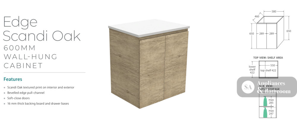 Fienza VAN60S Vanessa Fingerpull 600 Wall-Hung Vanity Scandi Oak - Vanity Units