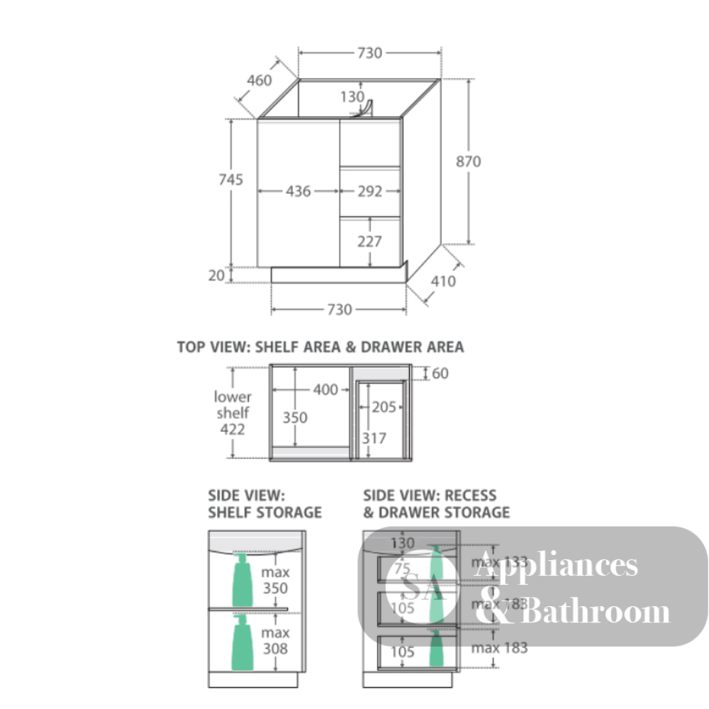 Fienza VAN75CR Vanessa Fingerpull Gloss White 750 Vanity on Kickboard Right Drawers - Vanity Units