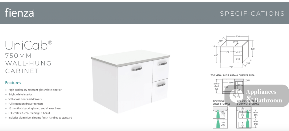 Fienza VAN75JR Vanessa Unicab 750 Wall-Hung Vanity - Vanity Units