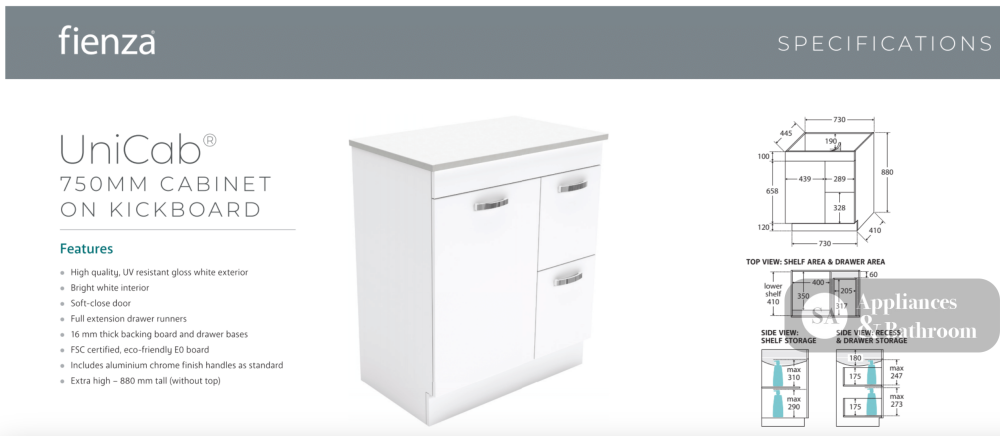 Fienza VAN75NKWR Vanessa Unicab 750 Vanity On Kickboard - Vanity Units