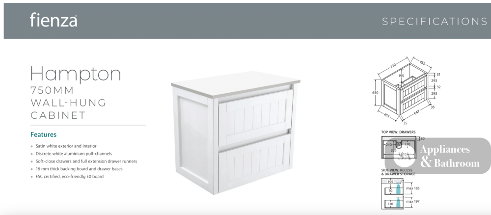 Fienza VAN75T Vanessa Hampton 750 Wall-Hung Vanity Satin White - Vanity Units