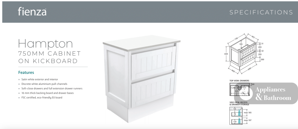 Fienza VAN75TK Vanessa Hampton 750 Vanity on Kickboard Satin White - Vanity Units