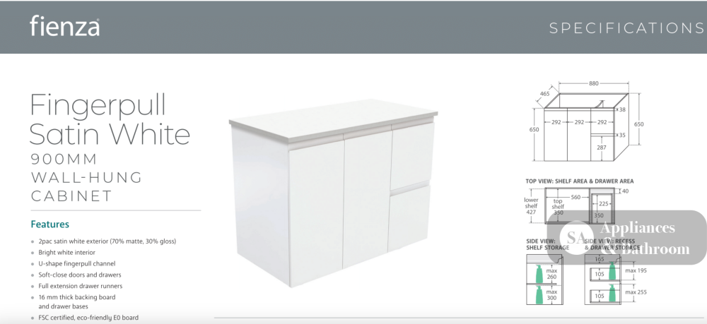 Fienza VAN90ZR Vanessa Fingerpull Satin White 900 Wall Hung Vanity Right Drawers - Vanity Units