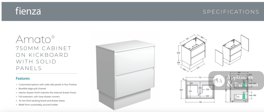 Fienza Vanessa VAN75BWSK Vanessa Amato 750 Satin White Vanity On Kick Scandi Oak Panels - Vanity Units