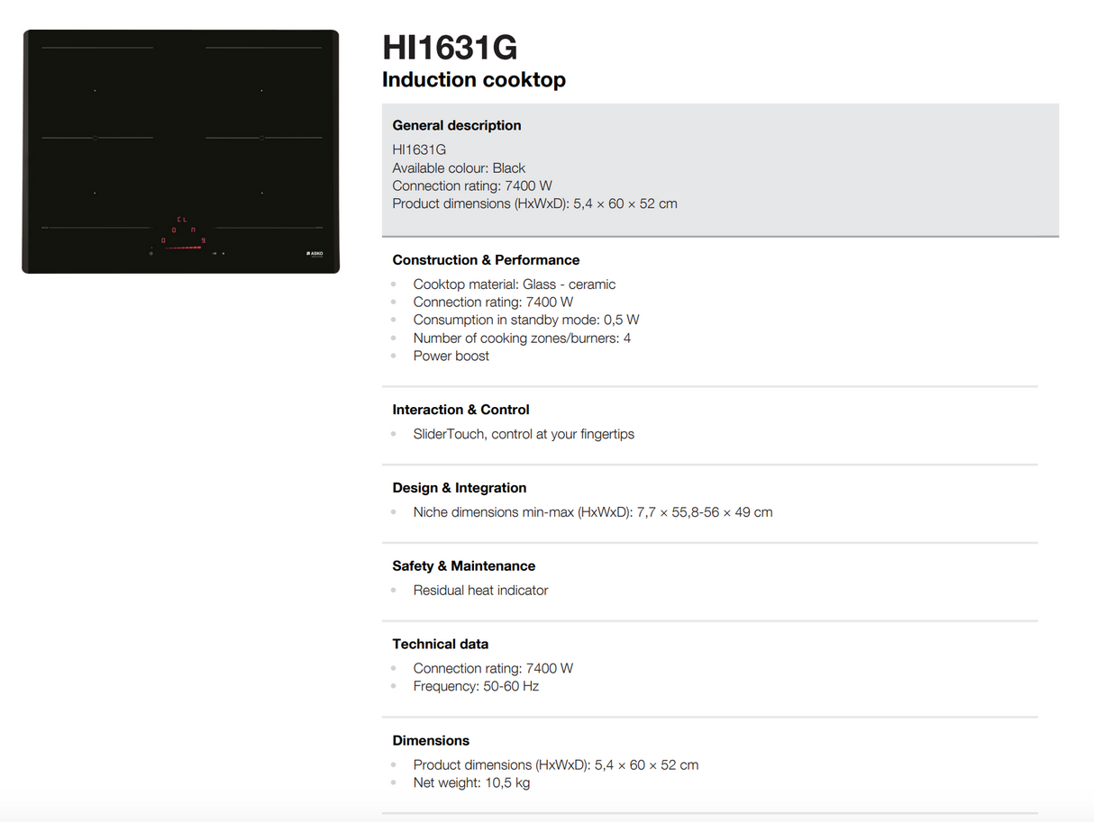 ASKO 60cm Induction 4 Burner Cooktop HI1631G - ASKO Seconds Discount