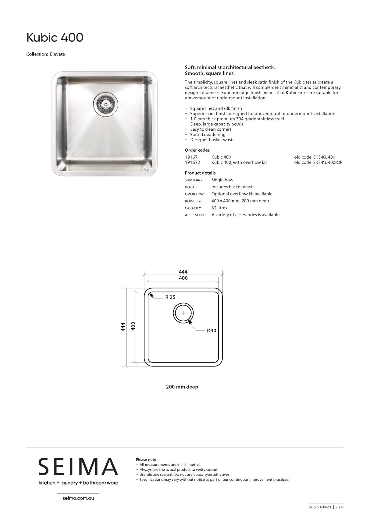 Seima Kubic 400 Single Bowl Sink with Overflow, No Taphole, 191672