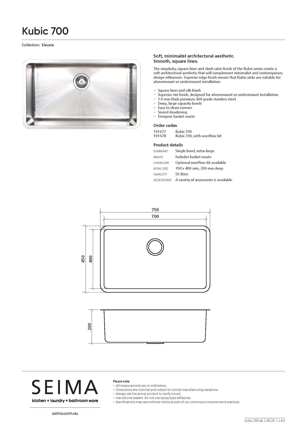 Seima Kubic 700 Single Bowl Sink, No Taphole, 191677