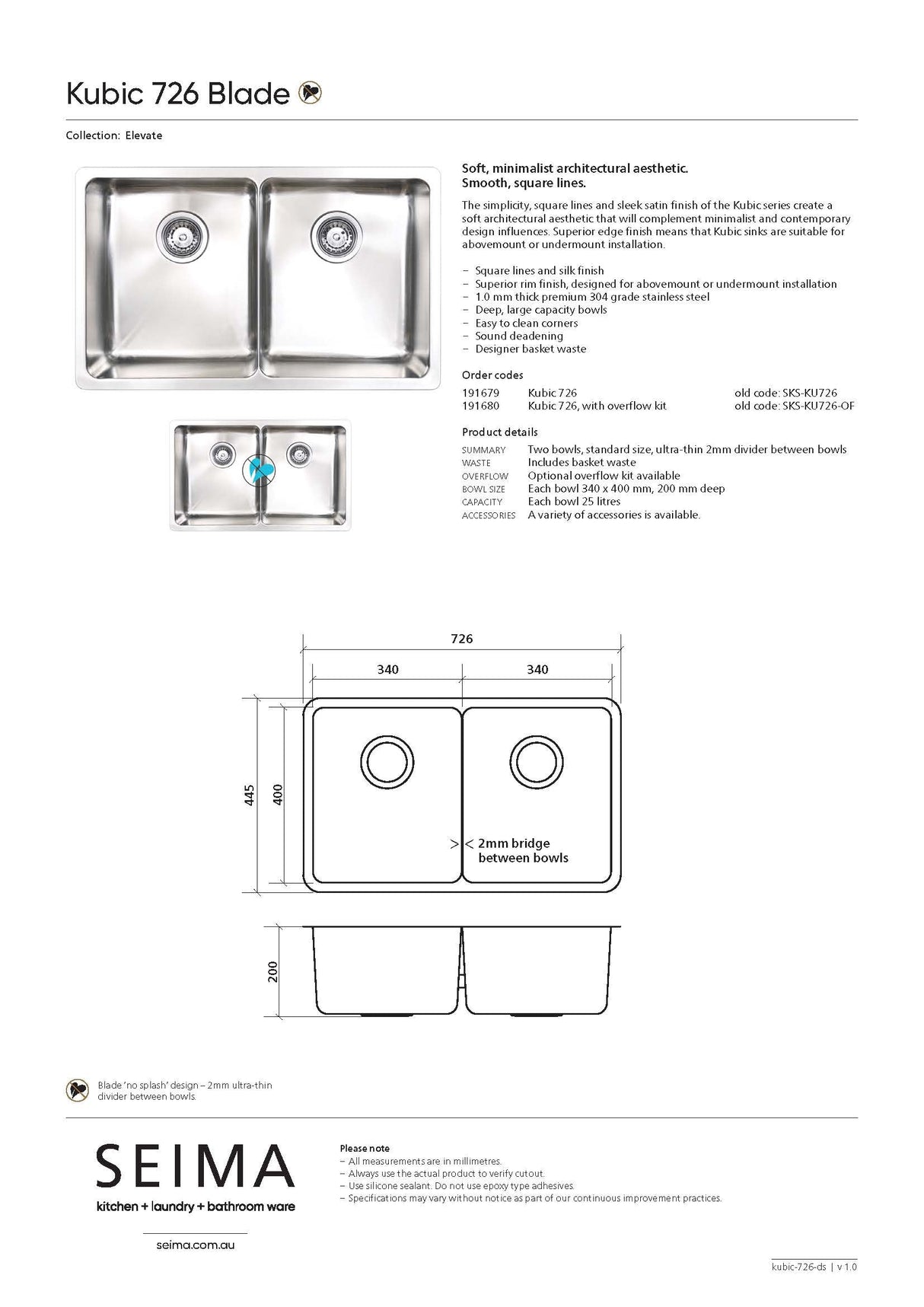 Seima Kubic 726 Double Bowl Sink, No Taphole 191679