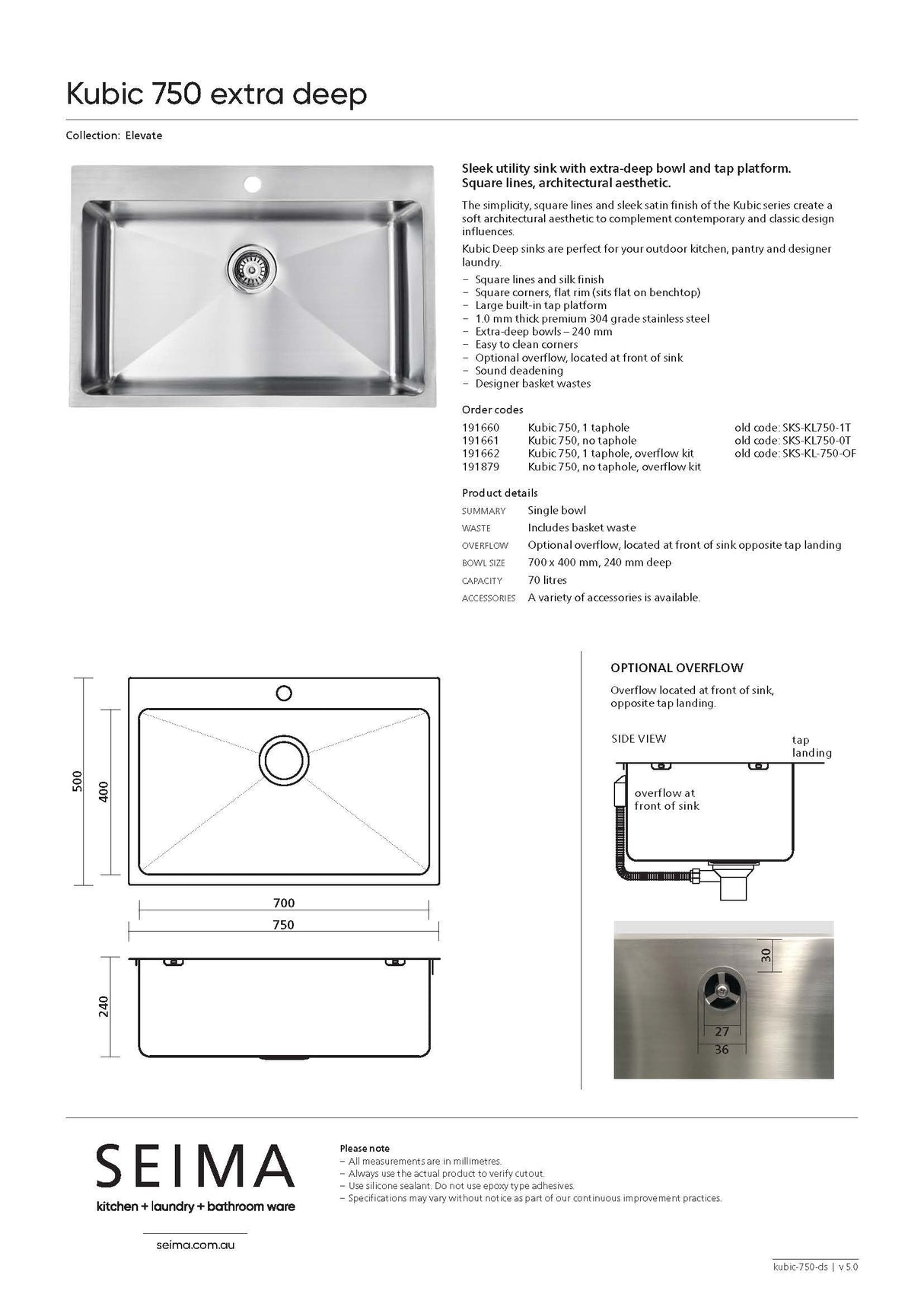 Seima Kubic 750 Single Bowl Sink, One Taphole, 191660