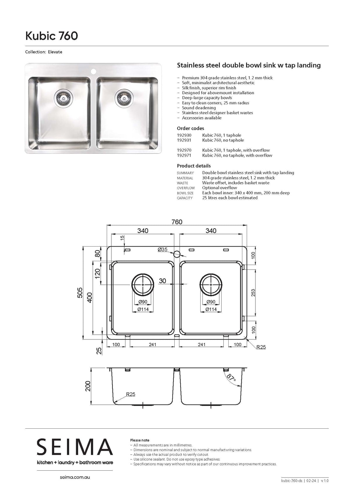 Seima Kubic 760 Topmount Sink Double Bowl with Tap Landing (1 Taphole), with Overflow, 760x505mm, Stainless Steel, 192970
