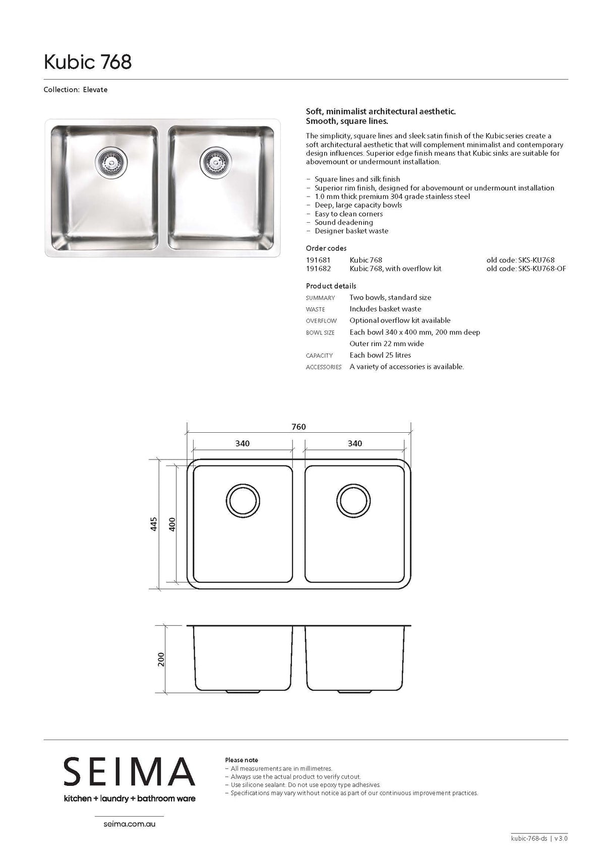 Seima Kubic 768 Double Bowl Sink, No Taphole, 191681