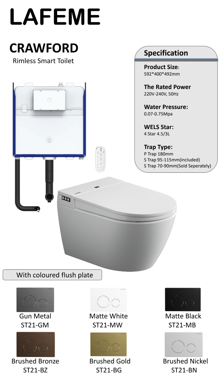 Lafeme Crawford Inwall Cistern Floor Pan Smart Toilet With Brushed Gold Flush Plate