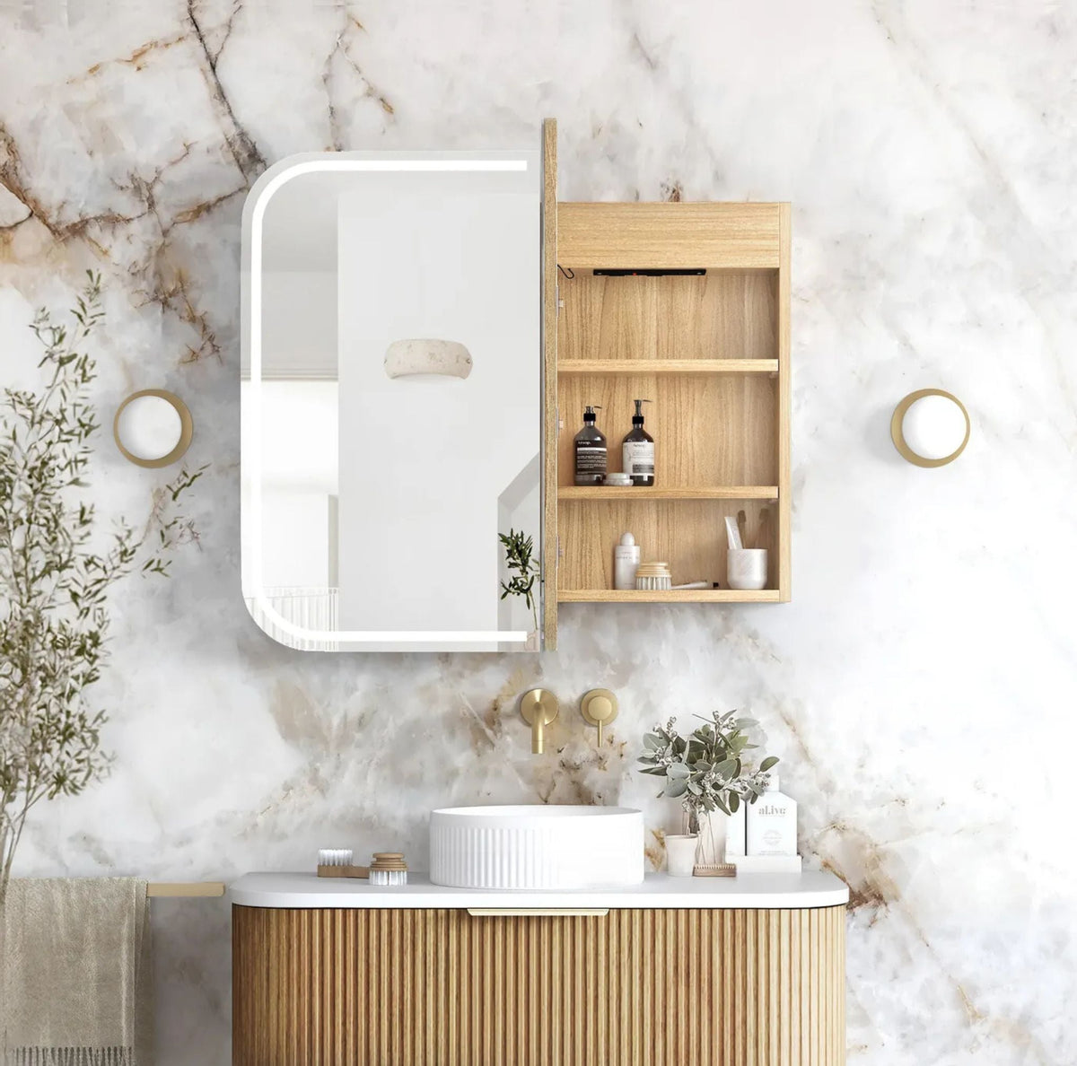 Otti LED-SSQ9075WL-VP LED Newport 900x750mm Woodland Oak Shaving Cabinet
