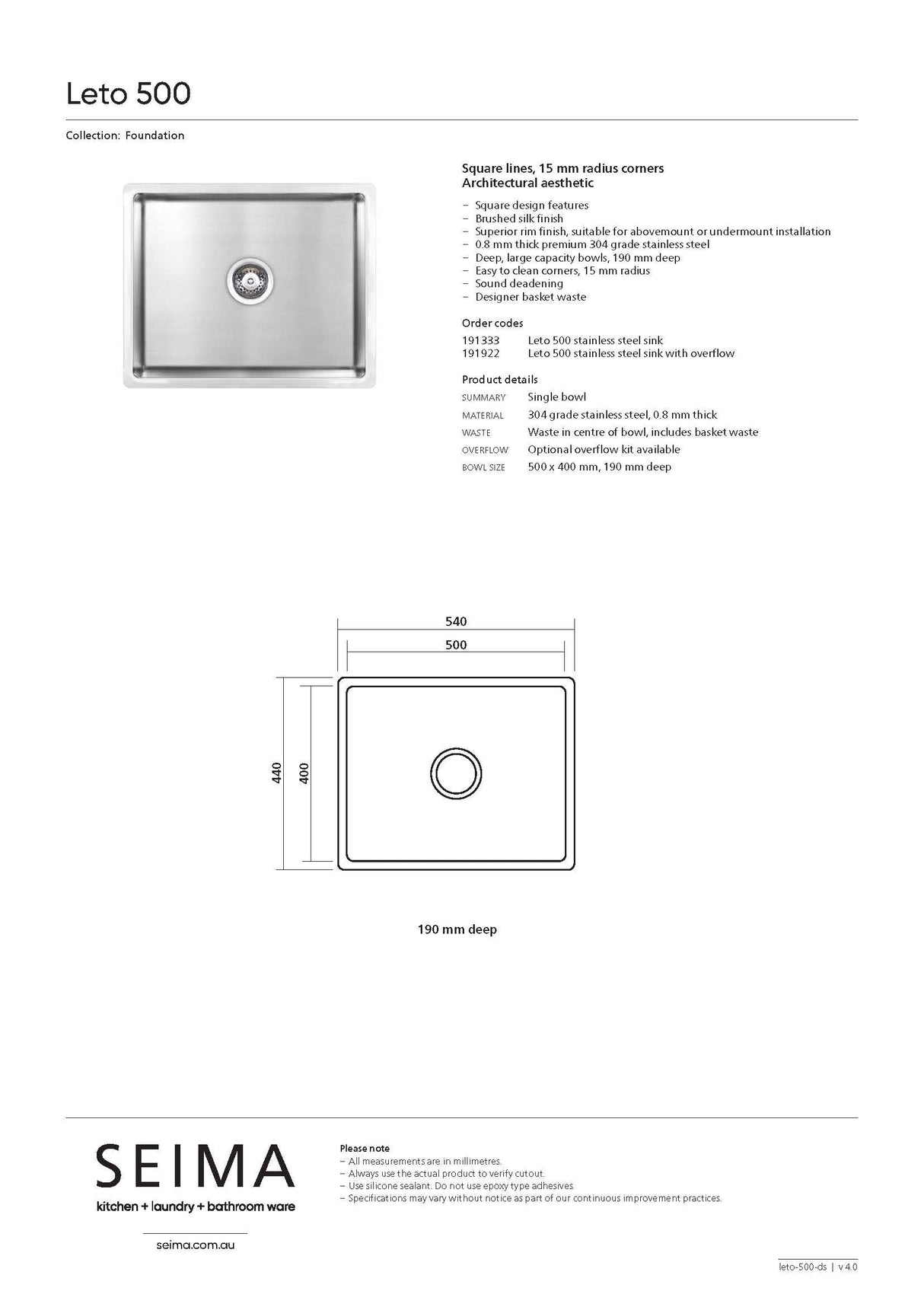 Seima 191333 Leto 500 Single Bowl Sink, Stainless Steel