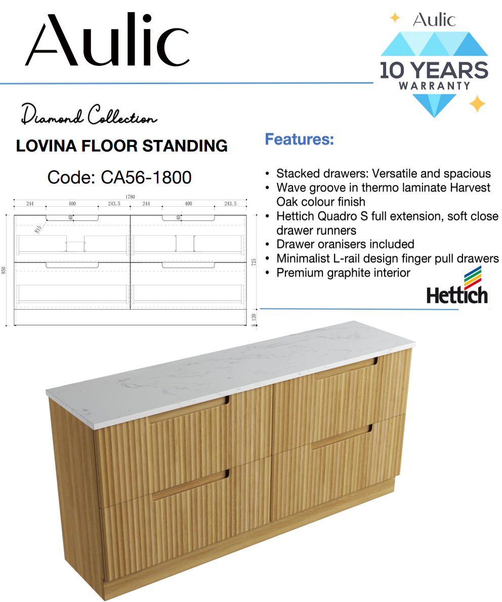 Aulic 1800mm Lovina Floorstanding Vanity with Solid Surface Top Cato Top CA56-1800D-ST26FT Vanity Units
