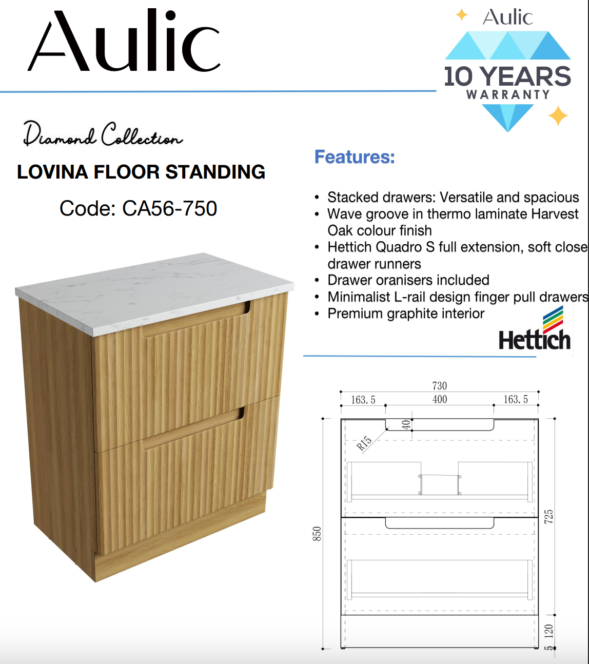 Aulic 750mm Lovina Floorstanding Vanity with Solid Surface Top Palis Top CA56-750-CT28 Vanity Units