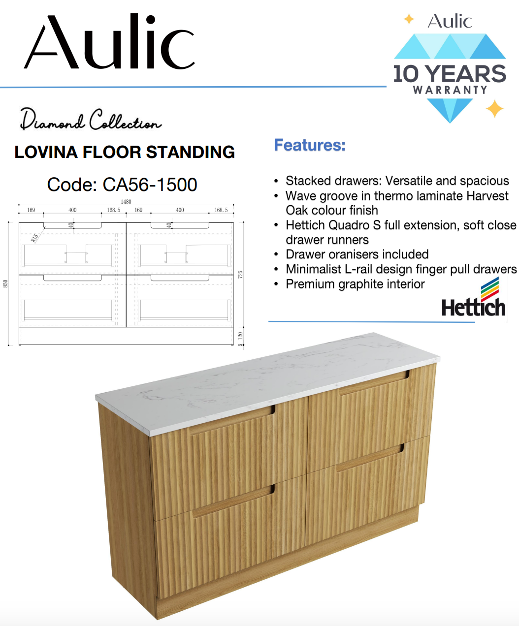 Aulic 1500mm Lovina Floorstanding Vanity with Solid Surface Top Cato Top Single Basin CA56-1500S-CT28 Vanity Units