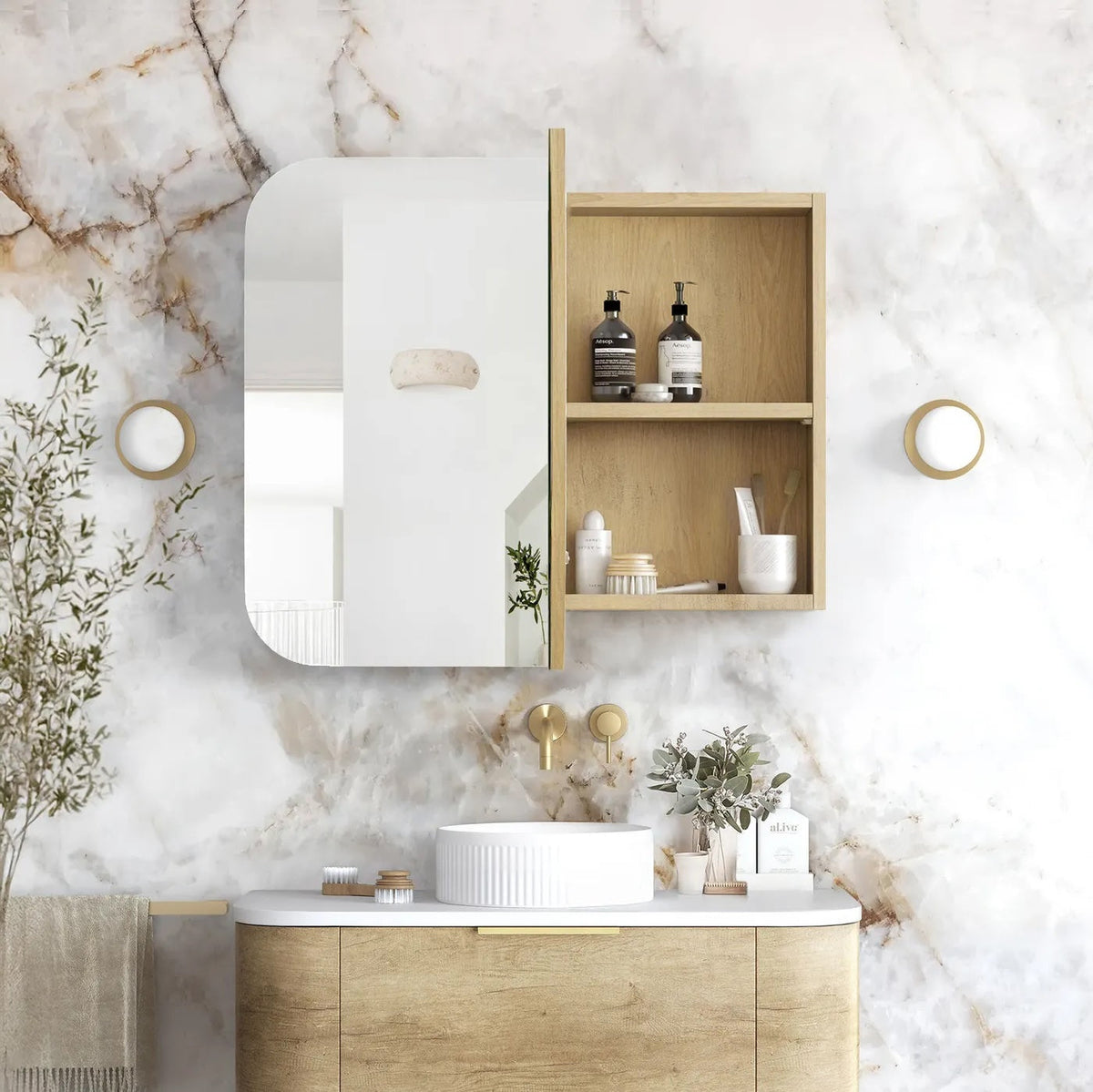 Otti SSQ9075N Newport 900x750mm Natural Oak Shaving Cabinet