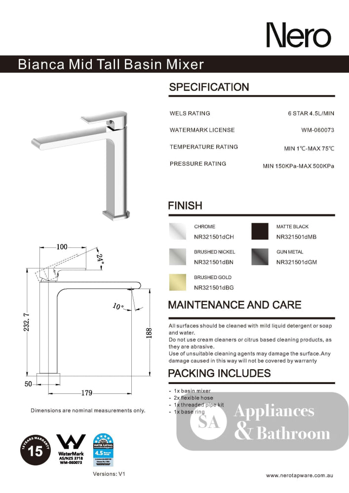 Nero Bianca Mid Tall Basin Mixer Brushed Bronze NR321501DBZ - Basin Mixers