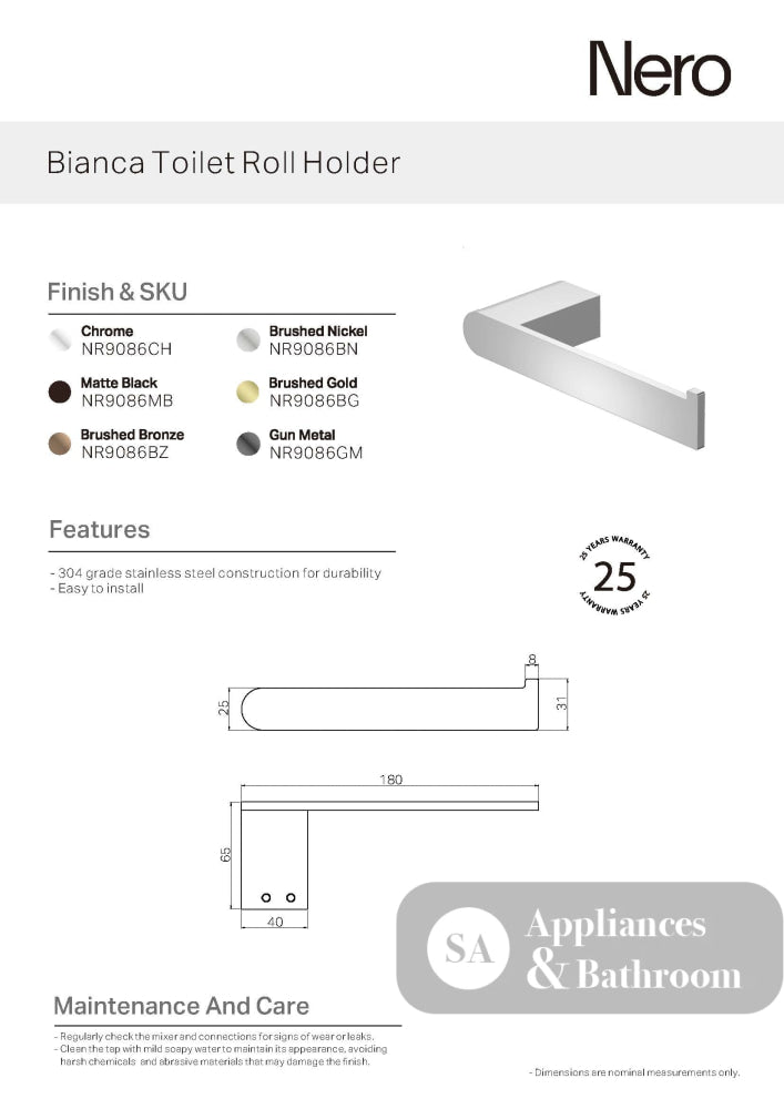 Nero Bianca Toilet Roll Holder Brushed Nickel NR9086BN - TOILET ROLL HOLDERS