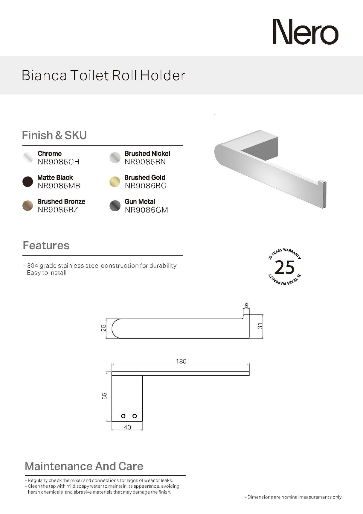 Nero Bianca Toilet Roll Holder Brushed Bronze NR9086BZ