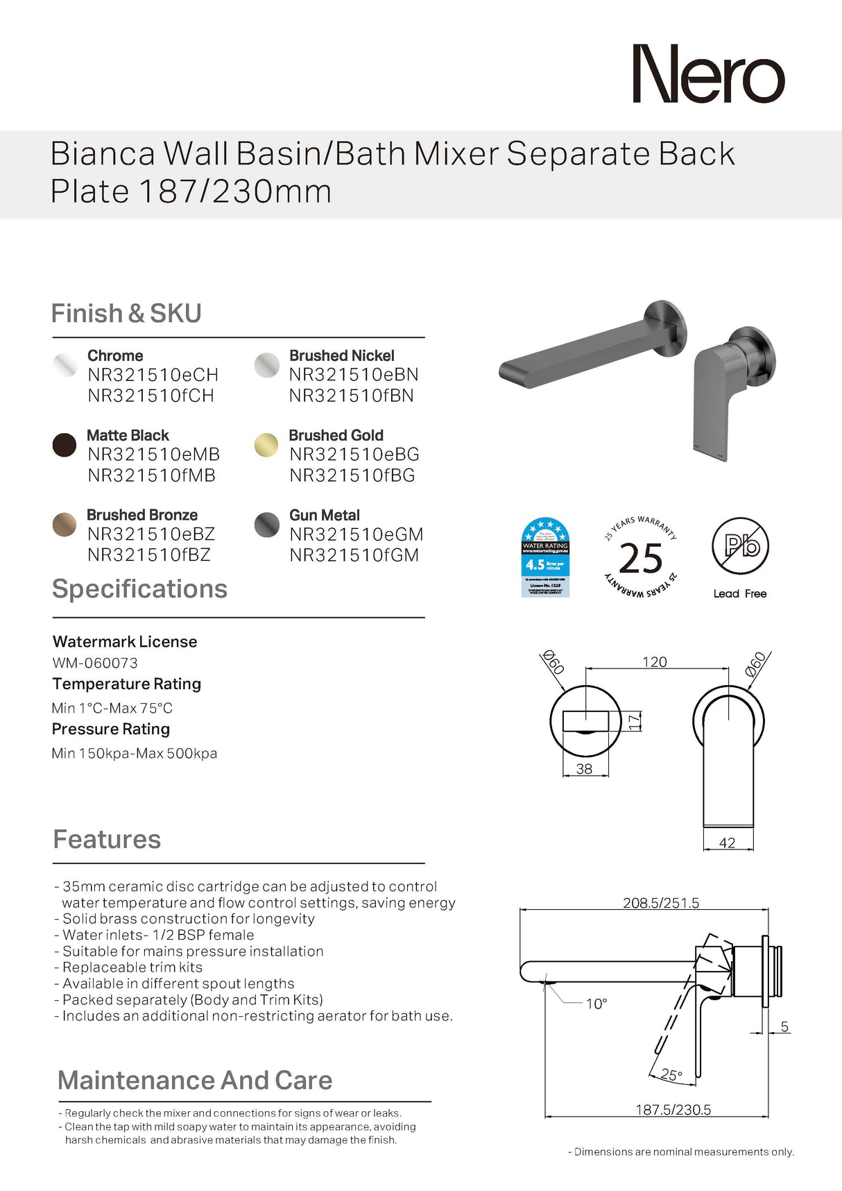 Nero Bianca Wall Basin/Bath Mixer 187mm Separate Back Plate Chrome NR321510ECH