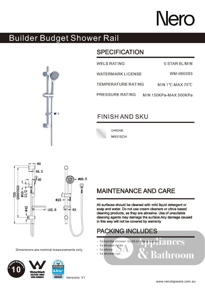 Nero Builder Budget Rail Shower Chrome NR315CH - Rail Showers