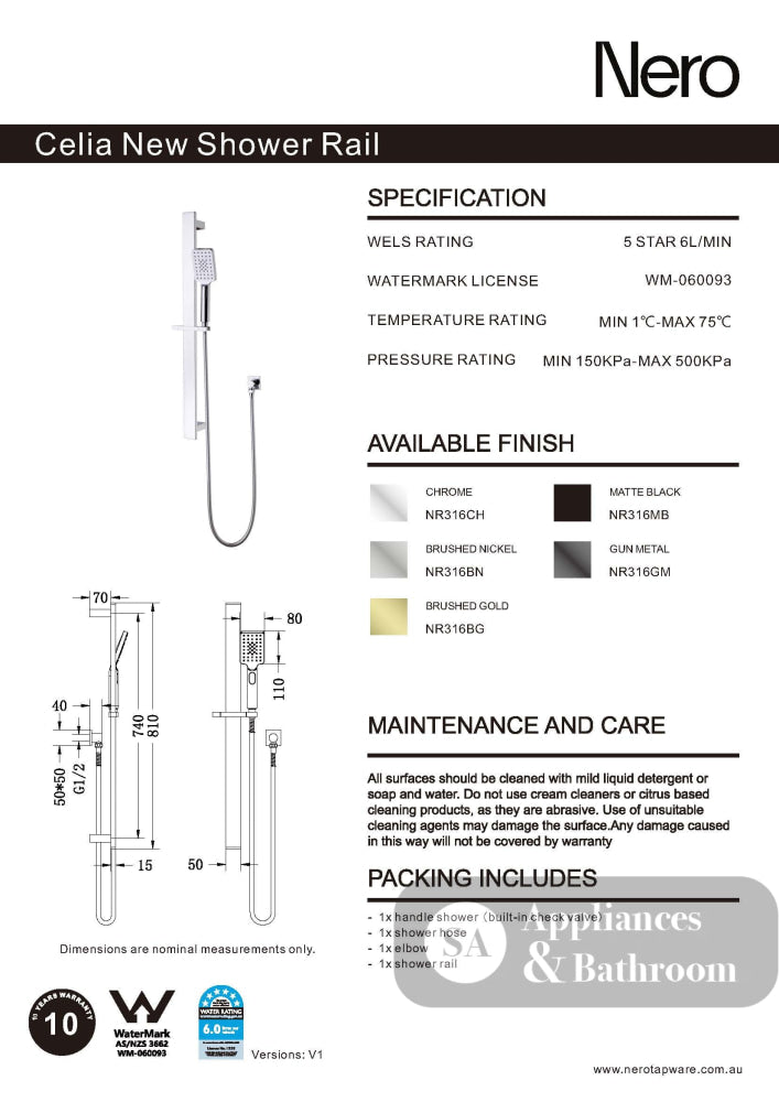 Nero Celia New Shower Rail Chrome NR316CH - Rail Showers