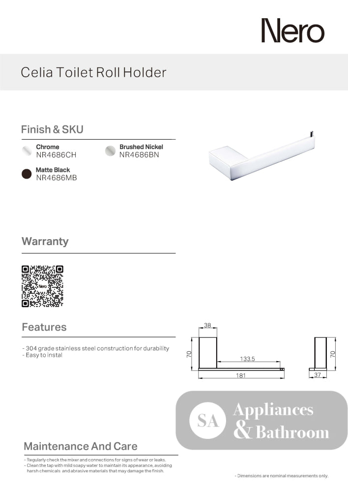 Nero Celia Toilet Roll Holder Chrome NR4686CH - TOILET ROLL HOLDERS