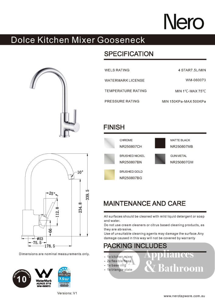 Nero Dolce Kitchen Mixer Gooseneck Brushed Nickel NR250807BN - Kitchen Mixer Taps