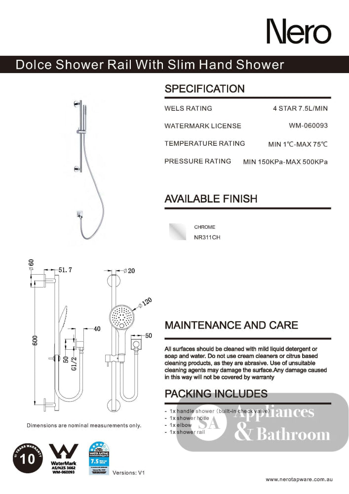 Nero Dolce Rain Shower Rail With Slim Hand Shower Chrome NR311CH - Rail Showers