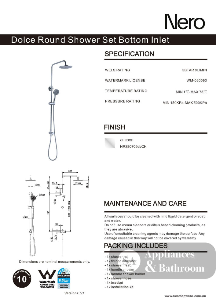 Nero Dolce Round Shower Set Bottom Inlet Chrome NR280705CBCH - Twin Showers