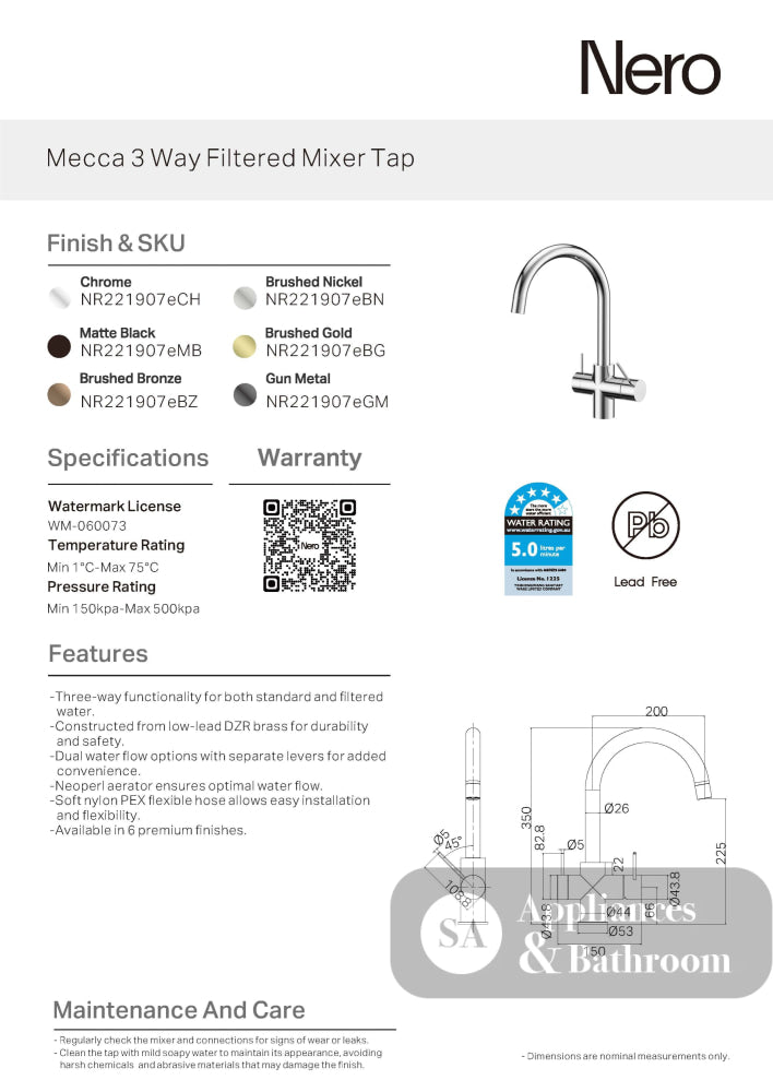 Nero Mecca 3 Way Filtered Mixer Tap Matte Black NR221907EMB - 3 in 1 Mixers