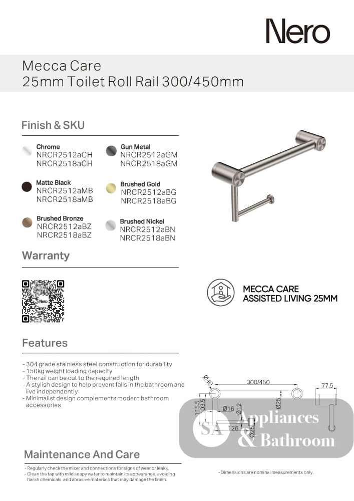 Nero Mecca Care 25mm Toilet Roll Rail 300mm Chrome NRCR2512ACH - TOILET ROLL HOLDERS