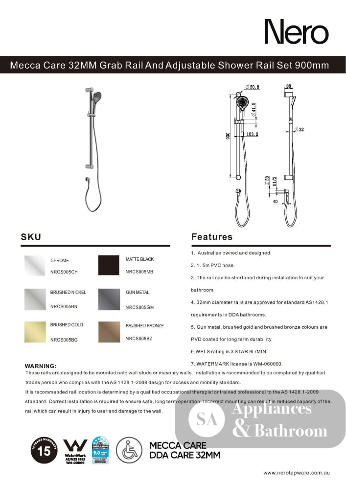 Nero Mecca Care 32mm Grab Rail And Adjustable Shower Rail Set 900mm Gun Metal NRCS005GM - Rail Shower