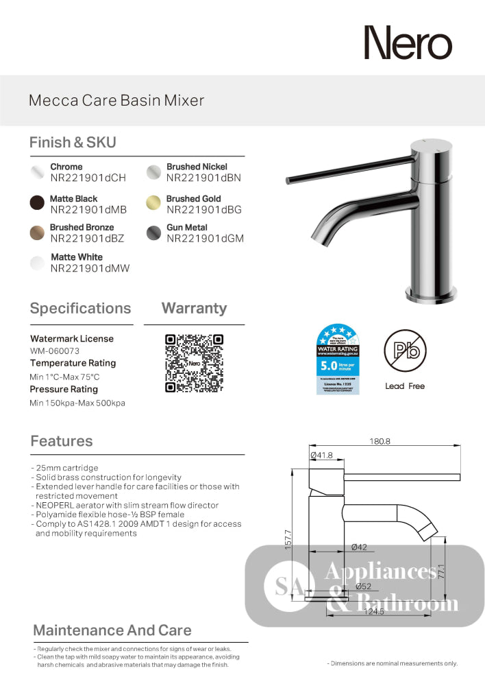 Nero Mecca Care Basin Mixer Brushed Nickel NR221901DBN - Basin Mixers