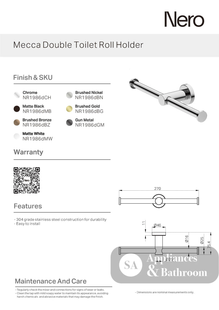Nero Mecca Double Toilet Roll Holder Matte Black NR1986dMB - TOILET ROLL HOLDERS
