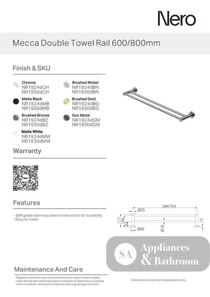 Nero Mecca Double Towel Rail 800mm Brushed Bronze NR1930dBZ - Towel Rails
