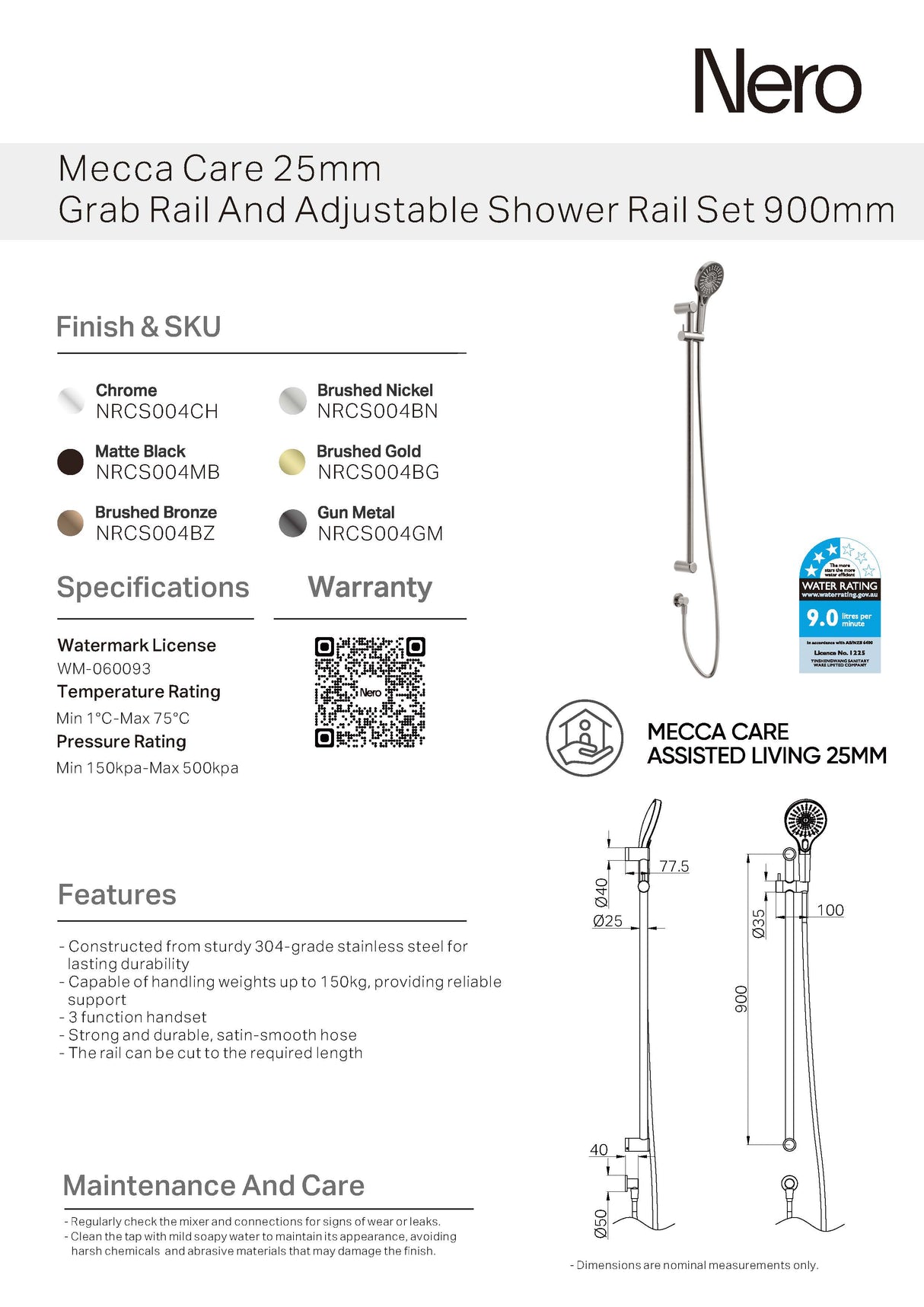 Nero Mecca Care 25mm Grab Rail And Adjustable Shower Rail Set 900mm Matte Black NRCS004MB