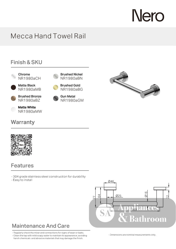 Nero Mecca Hand Towel Rail Chrome NR1980aCH - Towel Rails