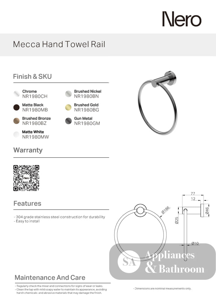 Nero Mecca Hand Towel Ring Matte Black NR1980MB - Towel Rails