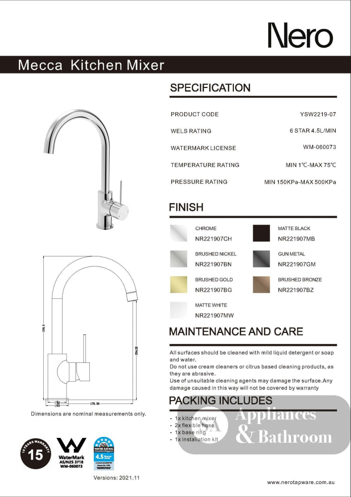 Nero Mecca Kitchen Mixer Chrome NR221907CH - Kitchen Mixer Taps