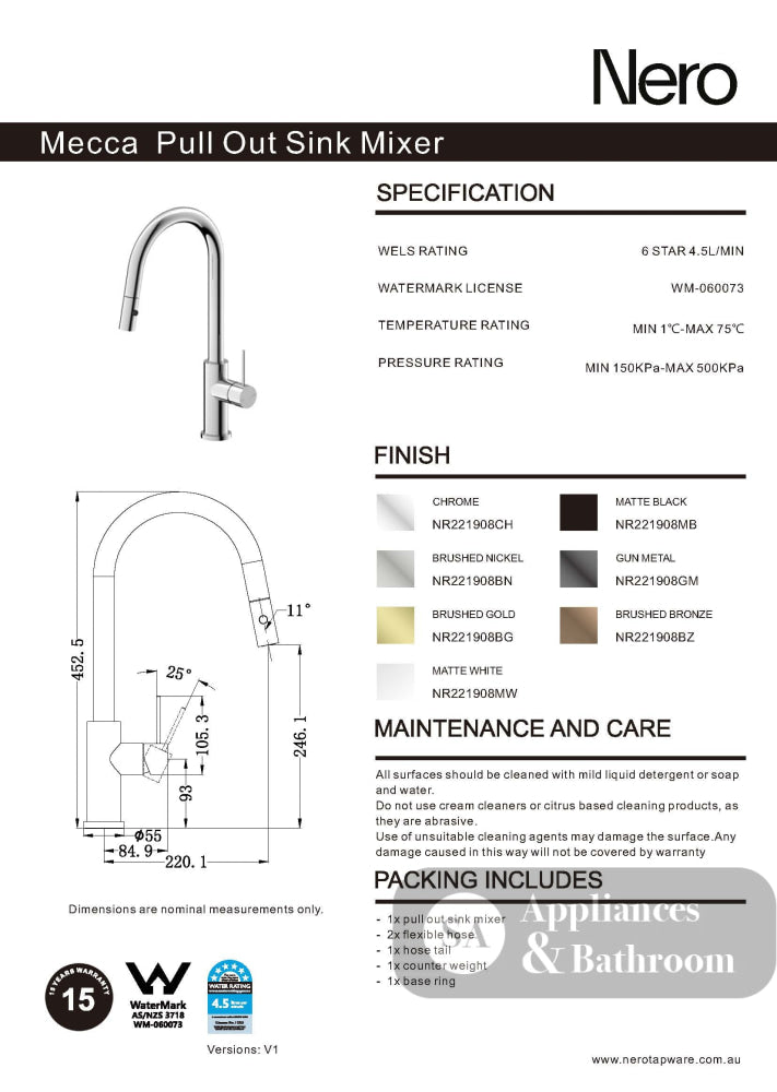 Nero Mecca Pull Out Sink Mixer With Vegie Spray Function Matte Black NR221908MB - Kitchen Mixer Taps