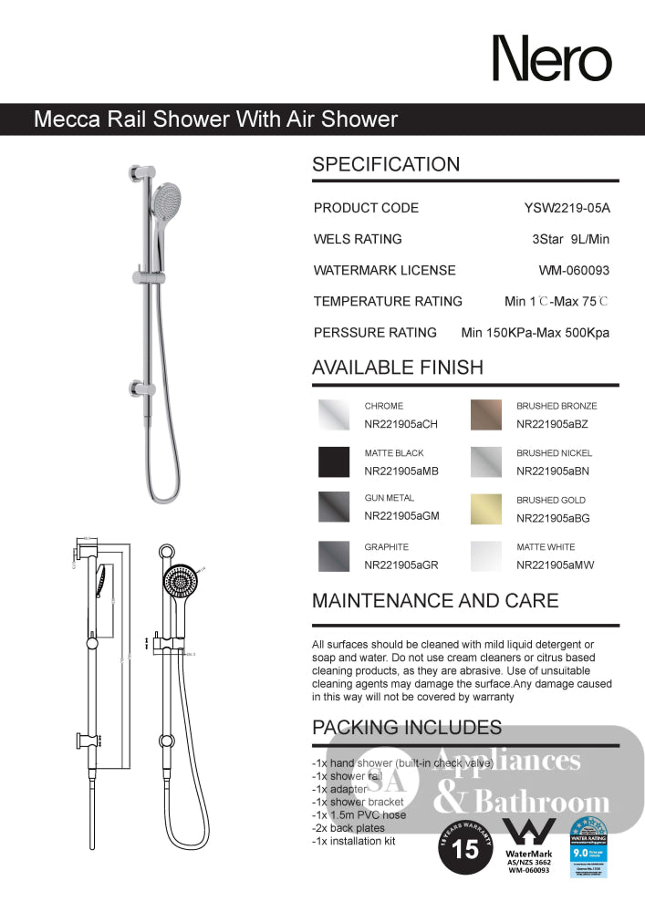 Nero Mecca Rail Shower With Air Shower Matte White NR221905aMW - Rail Showers