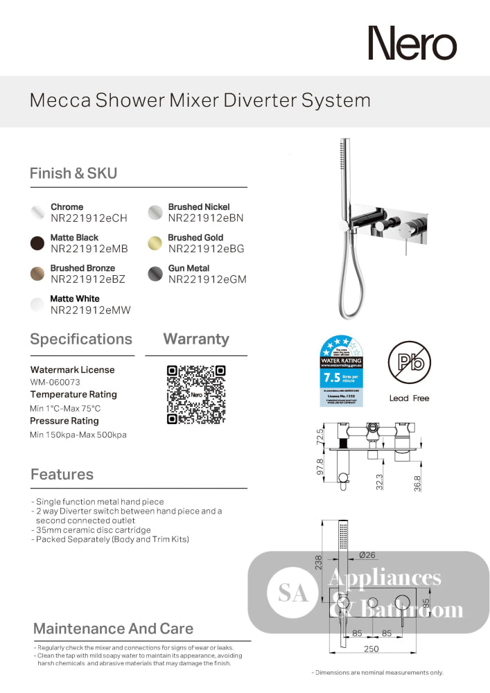 Nero Mecca Shower Mixer Diverter System Brushed Nickel NR221912EBN - Hand Showers