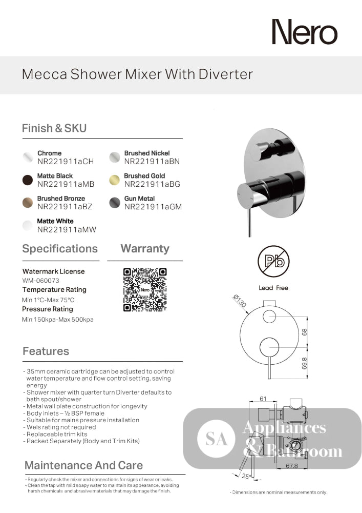 Nero Mecca Shower Mixer With Divertor Gun Metal NR221911AGM - Wall Mixer Diverter