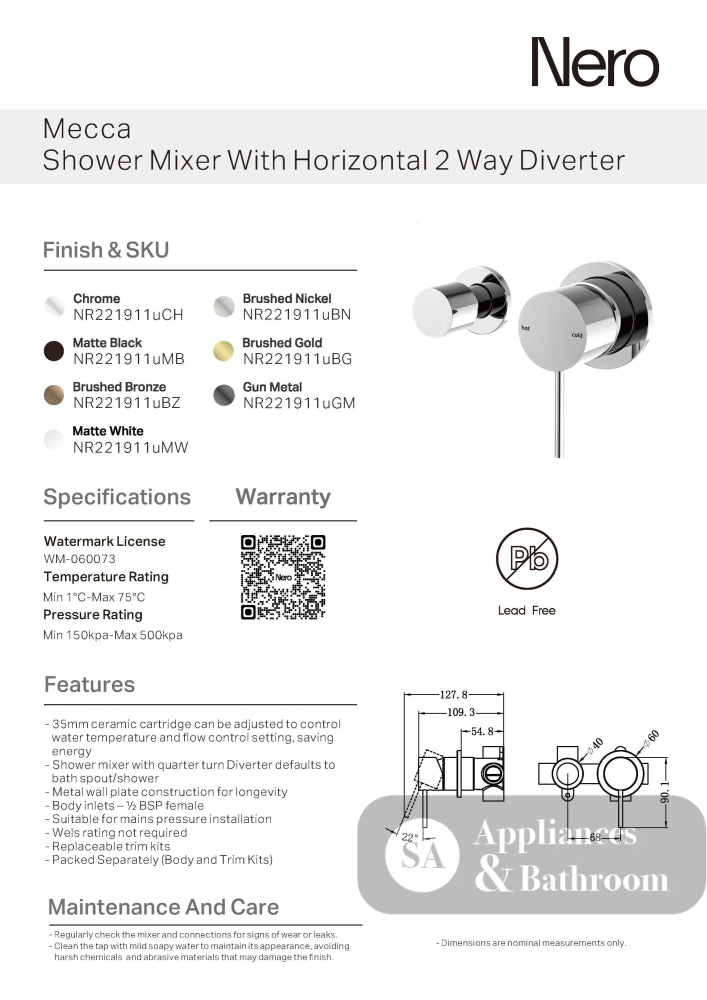 Nero Mecca Shower Mixer With Horizontal 2 Way Divertor Matte White NR221911UMW - Wall Mixer Diverter
