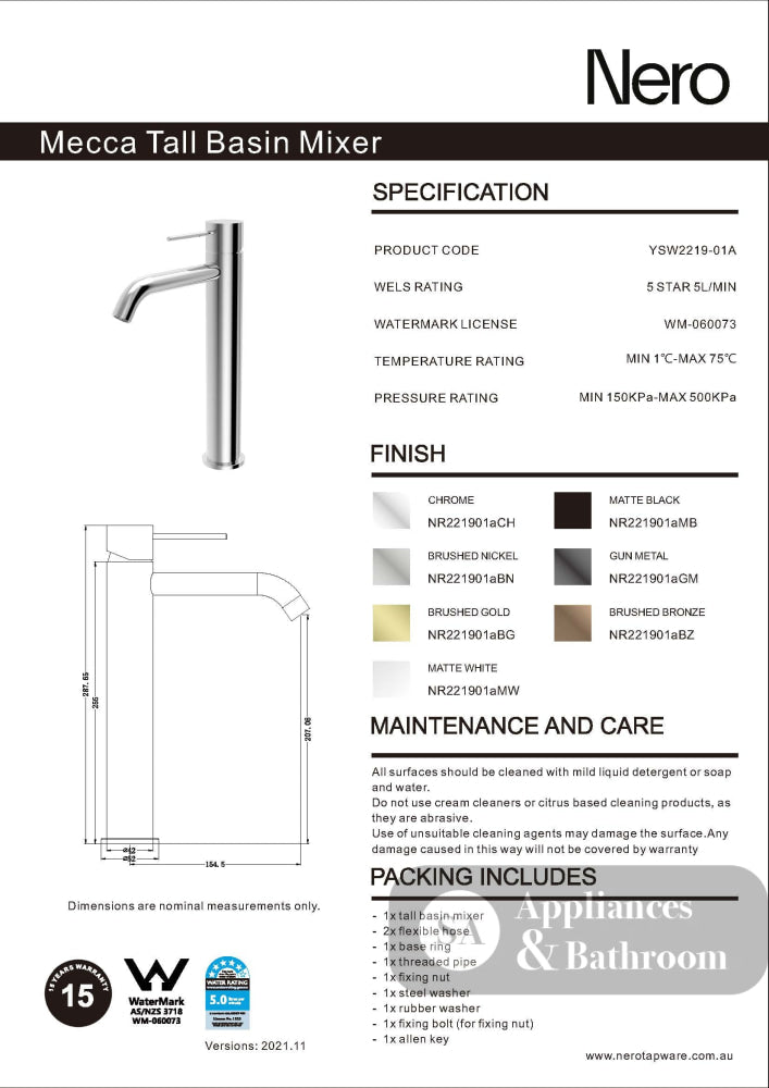 Nero Mecca Tall Basin Mixer Matte White NR221901aMW - Basin Mixers